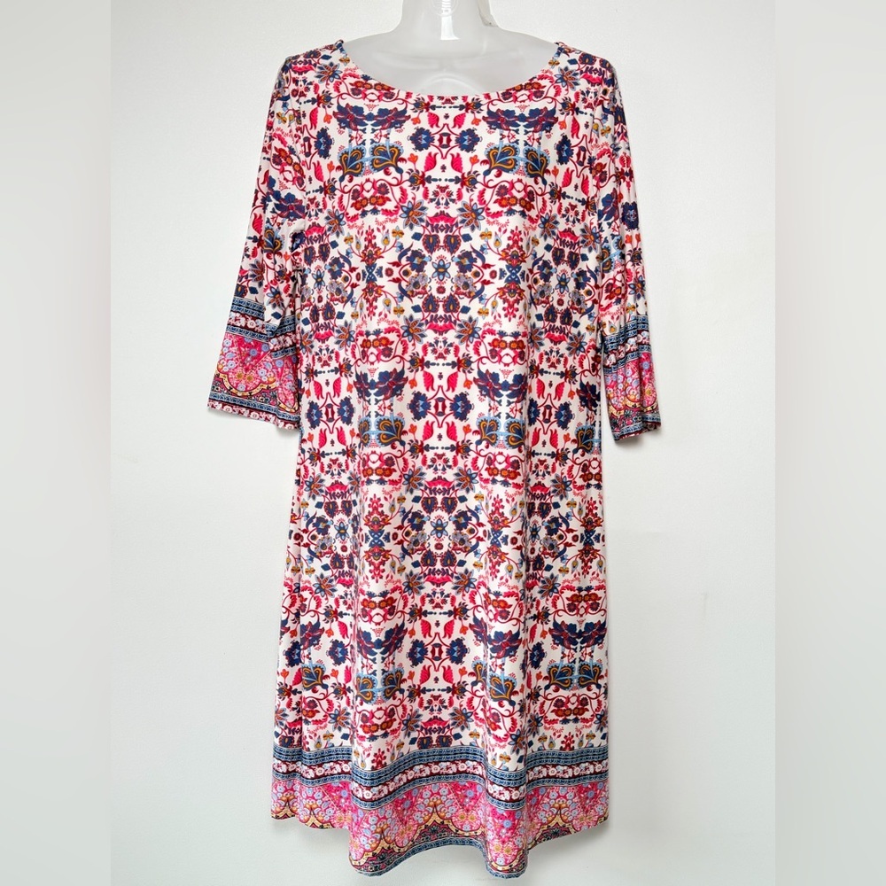 Gilli Pink Floral Medallion 3/4 Sleeve Lined Stretch Sheath Dress Size Large USA